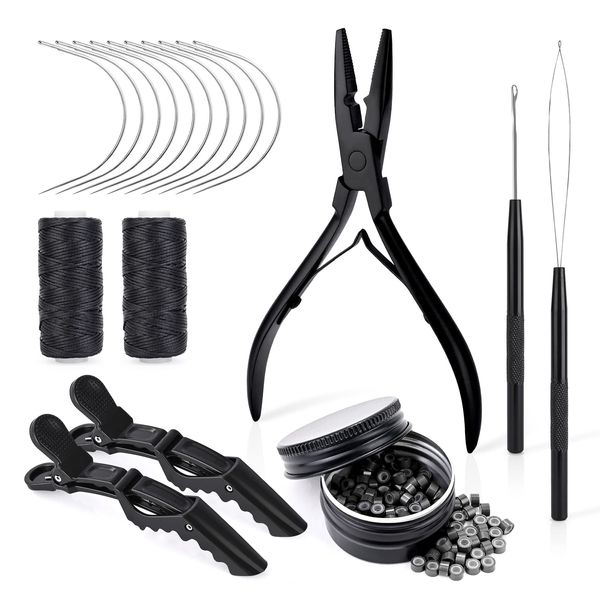 EHDIS Hair Extension Tools Kit, 200PCS Silicone Lined Micro Rings, Hair Extension Pliers for Beads, Hook Needle Pulling Loop, 10 Curved Hair Needle, 2 Rolls Sewing Thread Microlink Tool Kit