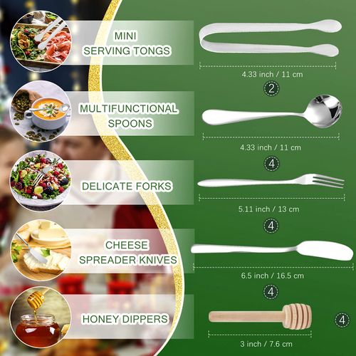 Jutieuo 18 Pieces Charcuterie Board Accessories Stainless Steel Cheese Butter Spreader Knives Set Include Mini Serving Tongs, Knives, Spoons, Forks, Honey Dippers for Party Wedding Christmas(Silver)