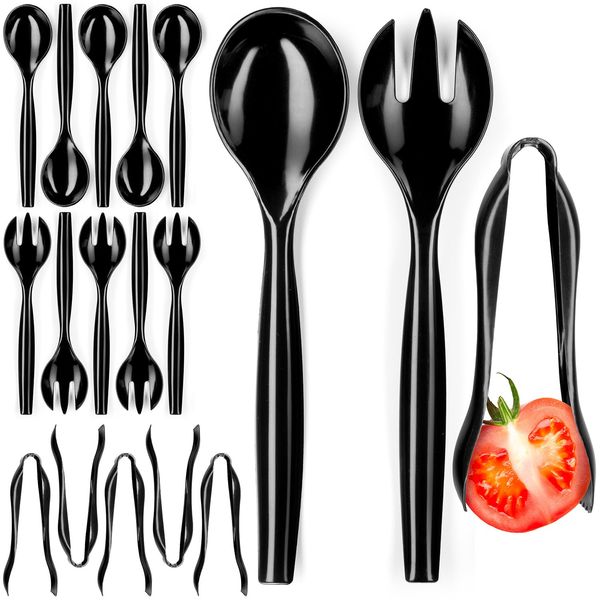 Disposable Plastic Serving Utensils - Set of 18 Black Plastic Utensils, 6 Each 6" Serving Tongs, 10” Serving Spoons, 10” Serving Forks, Buffet Serving Utensils, Party Utensils