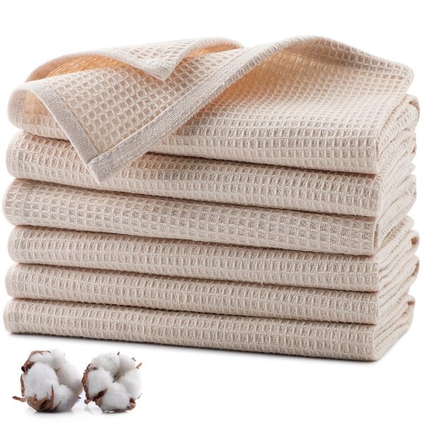 Jogoico 100% Cotton Tea Towels 6 PCS Highly Absorbent Soft Dish Cloths 35 x 35 cm Kitchen Dish Towels Quick Drying Kitchen Cloths Waffle Hand Towels for Kitchen Cleaning - Beige