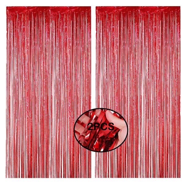 AMZJIMTOP Red Tinsel Foil Fringe Curtain Party Decorations 2Pcs 3.3ft *6.6ft Metallic Tinsel Curtains Streamers Party Backdrop Foil Curtain for Birthday Party Wedding Holiday Decoration