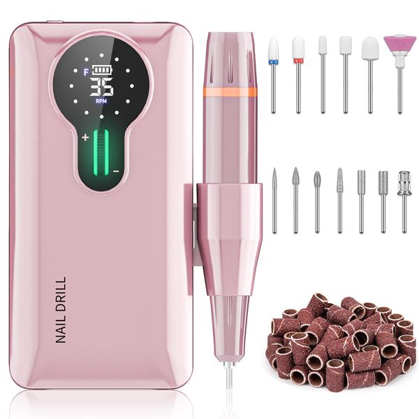 ENGERWALL Rechargeable Nail Drill 35000 RPM, Portable Cordless Electric Nail File Machine for Acrylic Nails Gel Polishing, Removing, with Dail Drill Bits Kit for Manicure Pedicure, Pink (Pro)