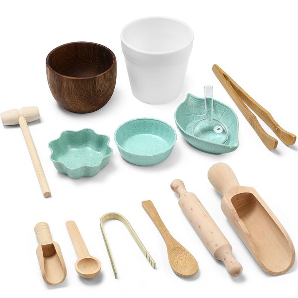 Tiangrid 14pcs Sensory Bin Tool Sensory Tools for Boys and Girls Sensory Bin Toys Wooden Tong Spoons Bowls Plate Hammer Magnifying Glass and Rolling Pin for Transfer Work and Fine Motor Learning