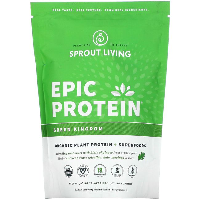 2 X Sprout Living, Epic Protein, Organic Plant Protein + Superfoods, Green Kingd