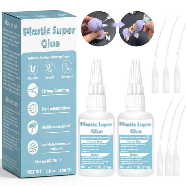 WAN2TLK 60g Sekundenkleber für Kunststoff extra stark, Wasserfest und Hitzebeständig Plastikkleber, Plastic Glue for Plastic Models, DIY Crafts, Electronics, PVC, ABS, and More - 6 Applicator Nozzles