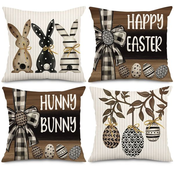 4-Piece Easter Pillow Cover with Happy Easter Eggs and Bunny Motifs