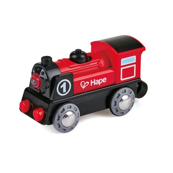 Hape Wooden Railway Battery Powered Engine No. 1 Kid's Train Set Red, White, Black, Blue, L: 3.7, W: 1.3, H: 1.9 inch