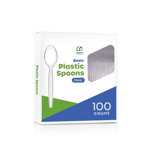 Comfy Package [100 Pack] Heavy Duty Disposable Basic Plastic Spoons - Clear Teaspoons