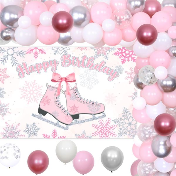 Balterever Ice Skating Birthday Party Decorations for Girs Pink Skating Theme Birthday Decorations with Ice Skating Happy Birthday Backdrop for Winter Snow Birthday Ice Skating Birthday Party Supplies