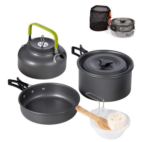 Swiftrans Aluminum Outdoor Camping Cookware Set, Folding Cookset Camping Teapot and Pans Set Equipment，Lightweight Pots, Pans with Mesh Set Bag for Backpacking, Hiking, Picnic