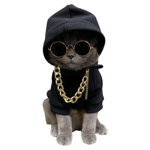 QWINEE 3Pcs Dog Hoodie Cat Apparel Dog Custume Set with Necklace and Sunglasses Pet Clothes for Puppy Small Medium Dogs Cats Multicolor S