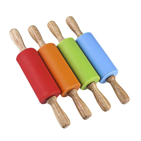 Mini Rolling Pin, Kids Rolling Pins Wooden Handle Non-Stick Silicone Rolling Pins Pastry Brushes Dough Roller for Baking Pizza Cookie Pastry, 4 Pack (Red, Green, Orange, Blue)