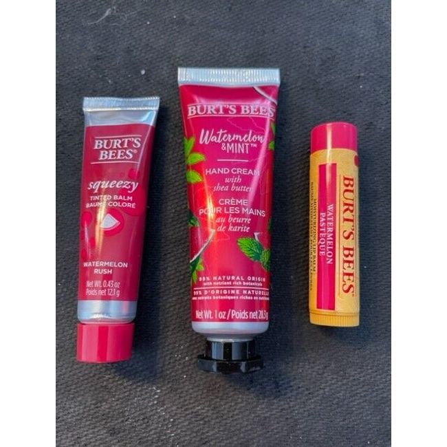 Burt's Bees Watermelon hand cream, lip balm and tinted balm all sealed