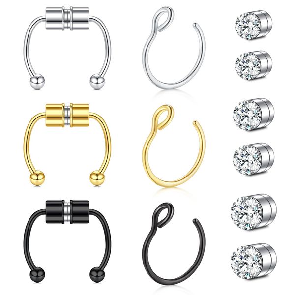 AVYRING Fake Nose Ring Fake Piercings Fake Nose Rings Magnetic Nose Ring Fake Nose Stud Fake Nose Piercing Fake Septum Piercing Fake Nose Hoop Faux Nose Rings for Women Sliver Gold Black