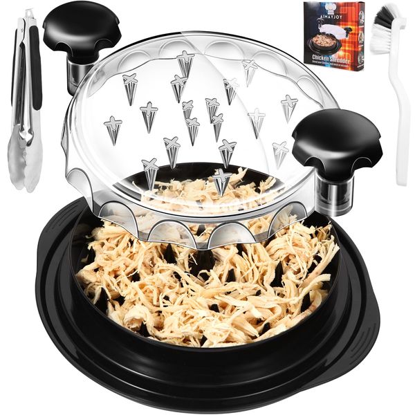 Pro Chicken Shredder 10.8" Transparent Lid with 9" Food Tong and Brush Chicken Breast Shredder Tool Twist, Chicken meat Shredder Machine Non-Skid Ergonomic Handle for Pulled Pork,Beef BPA free