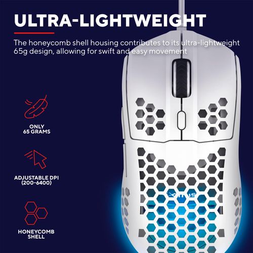Trust Gaming GXT 928W Helox White Gaming Mouse, Superlight USB Wired Mouse 65g, Adjustable DPI (200-6400), Optical Sensor, 6 Programmable Buttons, RGB LED Lighting, Gaming PC Gaming Laptop Macbook