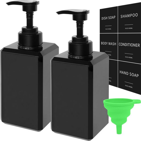 Black Soap Dispenser with Waterproof Labels, Plastic Hand Soap Dispenser for Bathroom, Thickened Plastic Dish Soap Dispenser, Shampoo and Conditioner Bottles with Funnel