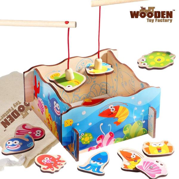 The Wooden Toy Factory - Magnetic Fishing Game - (*BONUS*: Includes Storage Bag For Fish And Rods) - Educational Toddler Activity Toy for 1 2 3 4 Year Olds