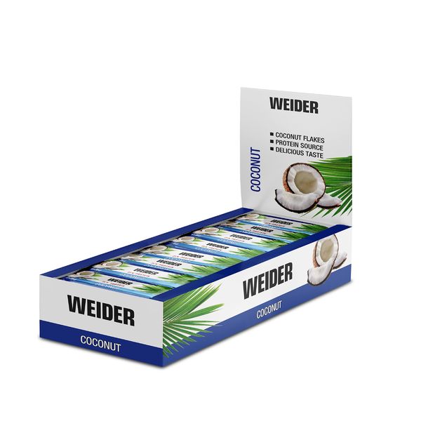 WEIDER Fitness Proteinriegel, leckere Eiweißriegel mit Kokos, kleiner Protein Snack für Zwischendurch, praktischer Energieriegel für unterwegs, Box mit 24 x 35 g