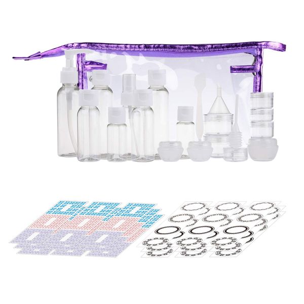 Travel Bottle Set - Refillable - TSA/Airline Approved - 8 Bottles and 9 Jars - 3 Tools (Pipette, Funnel and Mini Spatula)