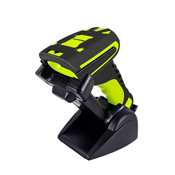 Symcode 2D Bluetooth Barcode Scanner with Wireless Charging Stand 1968 Feet Transmission Distance 433Mhz USB QR Automatic Barcode Scanner with Charging Base Shock Dust Proof Hands Free Green