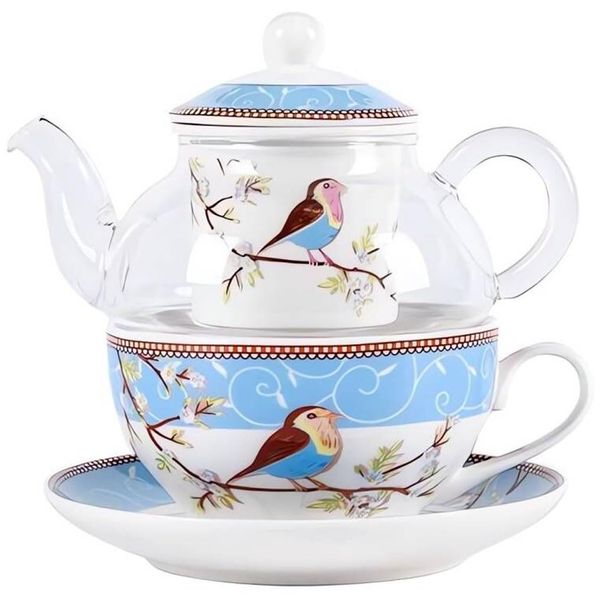 YBK Tech Glass Teapot with a Porcelain Infuser Strainer, Happy Bird Pattern Cup and Saucer Set, Teapot and Teacup for One (Blue)