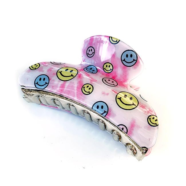 Large Pink Tie-Dye Happy Face Claw Clip Hair Accessory