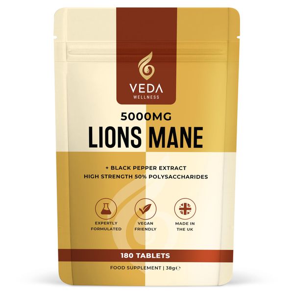 Pure Lion's Mane Extract 5000mg - 50% Polysaccharides, Lab Tested, 180 Tablets with Black Pepper, Vegan, Non-GMO, 90-Day Supply, Made in The UK