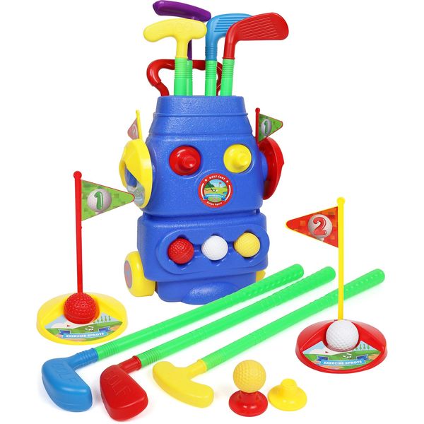 Kids Golf Set Golf Cart with Wheels | 4 Colorful Golf Clubs 3 Balls 2 Practice Holes with Flags & 2 Golf Tees | Toddler Golf Set Sports Toy Kit for Boys & Girls