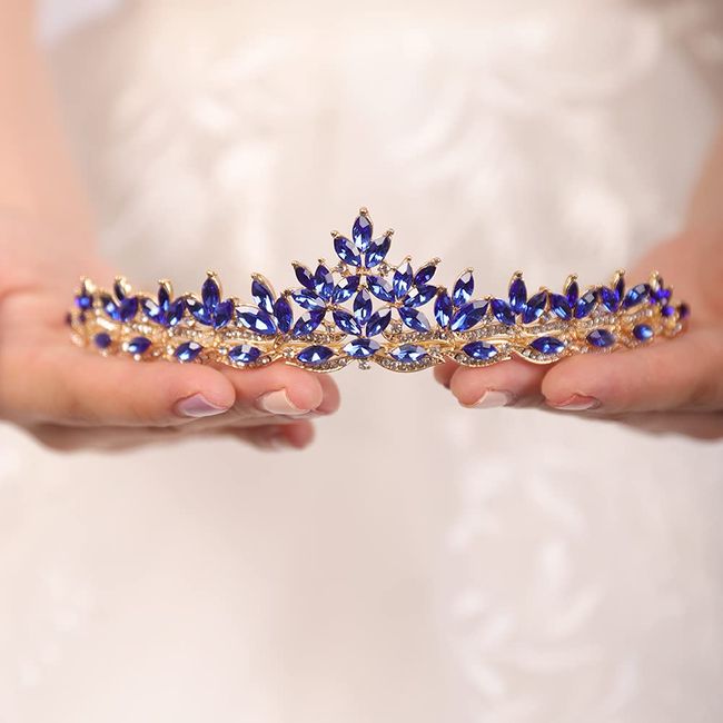 wekicici Rhinestone Blue Crystal Leaves Tiara Queen Princess Crown for Women Wedding Headband Costume Accessories for Pageants Wedding Prom Birthday(Blue)