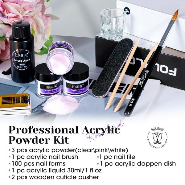 ROSALIND Acrylic Powder Kit, Clear Pink Acrylic Nail Powder Set Polymer Nail Powder with Acrylic Liquid Acrylic Nail Brush Nail Forms and DIY Nail Art Tools Nail Acrylic Extension Kit for Beginner