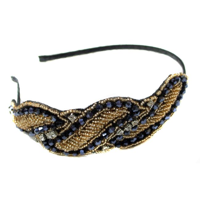 GREAT GATSBY ART DECO 1920s FLAPPER BLACK GOLD CRYSTAL BEAD HEADBAND HAIRBAND RIBBON