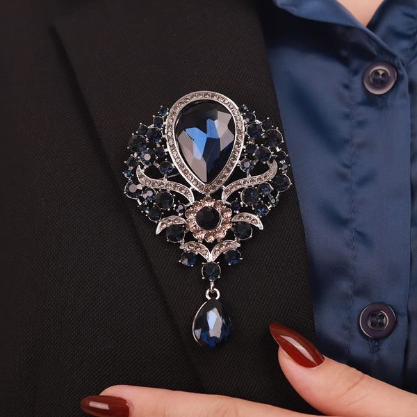 Rumtock Dark Blue Rhinestones Elegant Silver Brooch for Women Girls Spark Jewelry Prom Dancing Ball