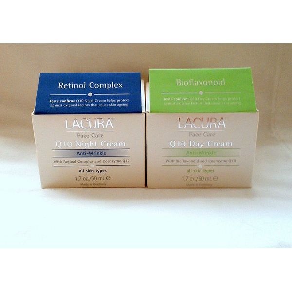 Lacura Q10 Anti-Wrinkle 1.7oz Day & 1.7oz Night Face Cream Moisturizer with Bioflavonoid and Retinol Complex Set - All Skin Types. Dermatologist Tested European Skincare.