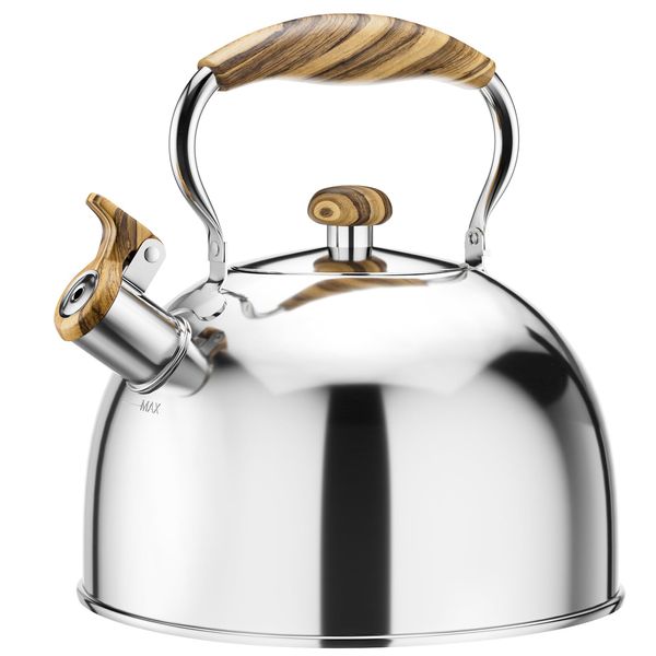 Chefbar Tea Kettle Stovetop, Whistling Tea Kettles for Stove Top, Teakettle Tea Pots for Stovetop, Food Grade Stainless Steel Teapot Kettle with Wood Pattern Handle for Home Kitchen, 2.5 Liter Silver