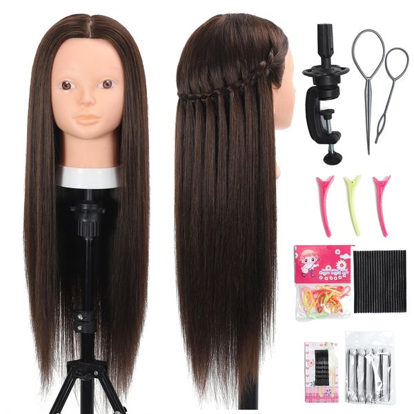 Opini 26 Inch Mannequin Head 80% Real Human Hair Styling Hair Mannequin Head Human Hair to Practice Hair and Makeup Hairdresser Head With Free Clamp (#4 No Makeup)