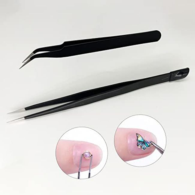 2pcs Stainless Tweezers Straight Curved Tweezers For Stickers