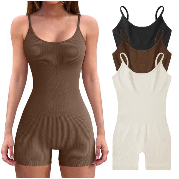 VINGOSTAR 3pcs Women’s Bodysuit Yoga Workout Romper One Piece Outfits Ribbed Sleeveless Going Out Bodycon Jumpsuit Shorts