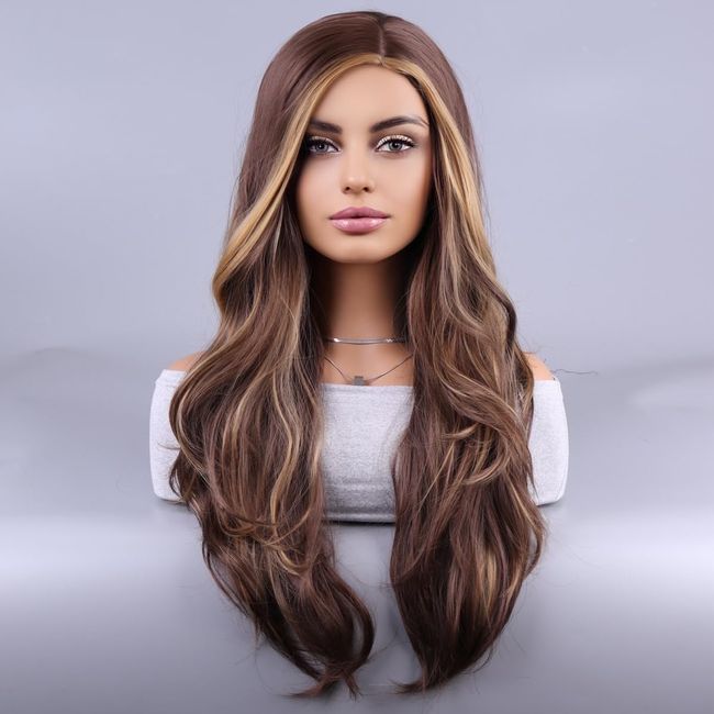 MAGQOO Brown Wig for Women Brown Highlight Wig Long Curly Wavy Brown Wigs Side Part Synthetic Heat Resistant