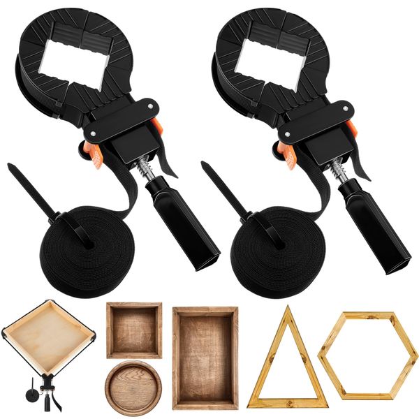 Feekoon Strap Clamps for Woodworking, Quick Release Band Clamps with 4 Corner Claws, Thick and Sturdy Belt Clamps, Adjustable Picture Frame Clamp Tool (2 Packs)