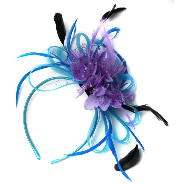 Caprilite Fashion Aqua Cornflower Blue and Lilac Purple Net Hoop Feather Hair Fascinator Headband Wedding Royal Ascot Races