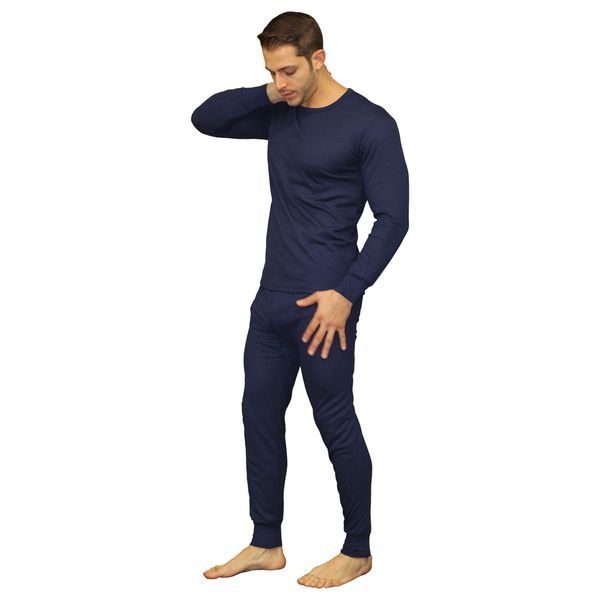 Men's Soft 100% Cotton Thermal Underwear Long Johns Sets - Waffle - Fleece Lined (Medium, Waffle - Navy)