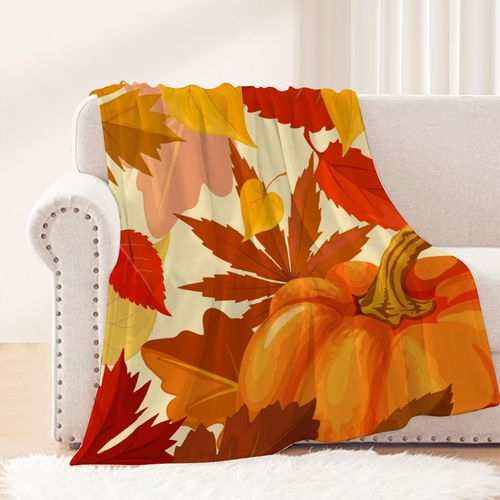 Neatee Living Fall Large Throw Blanket Orange Thanksgiving Autumn Pumpkin Maple Leaf Throw Blanket for Couch Sofa Bed Outdoor Lightweight Fuzzy Cozy Soft Plush Fleece Blankets and Throws 50x70