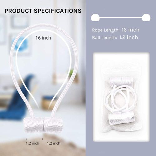 Pretty Jolly 2 Pack Magnetic Curtain Tiebacks 16 Inch Modern Handmade Weave Rope Curtain Holdbacks Convenient Decorative Curtain Drape Tie Backs for Home and Office Window Drapery (White)