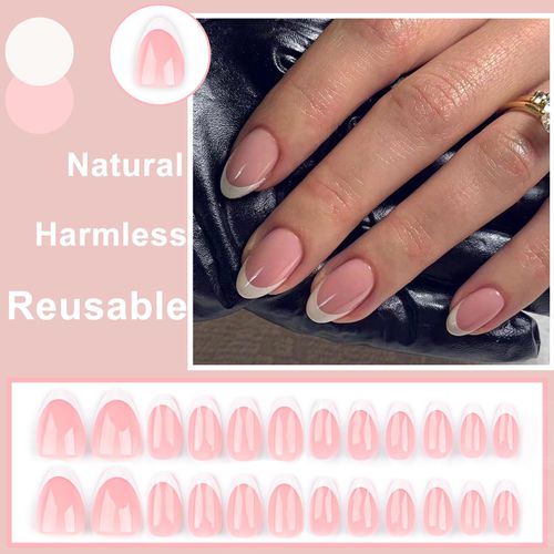 Ceboic 24 Pezzi Unghie Finte Adesive in Acrilico Corte Mandorla Colorate Press on Nails Punte Bianche Francese Unghie Artificiali Copertura Completa Nail Art Decorazioni per Donne e Ragazze