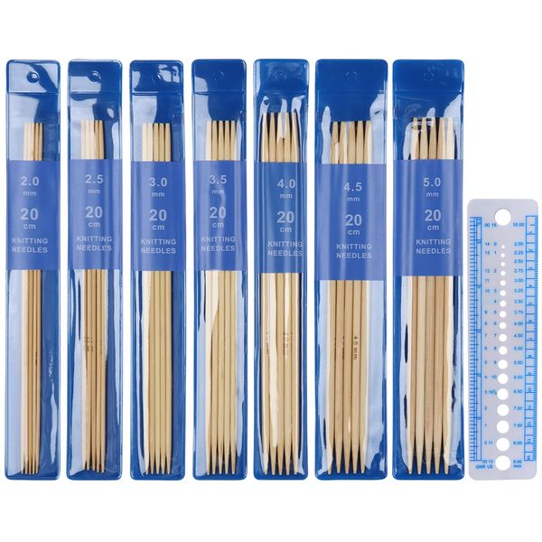 Coopay Short Double Pointed Knitting Needles Kit 20cm, Bamboo Double Ended Needles 2.0mm to 5.0mm, DPNs Knitting Pins Set for Beginner and Small Projects, Sock Needles 35 Pack and Needle Gauge