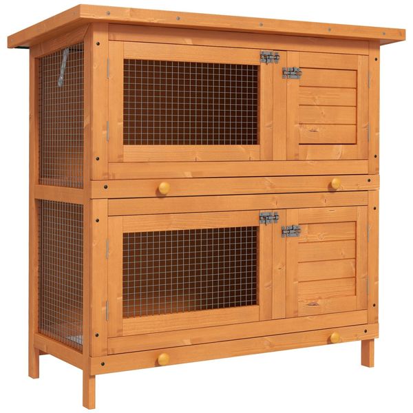 Pawhut 90 x 45 x 90 cm 2 Tiers Rabbit Hutch Wooden Pet Cage W/ Run Bunny House