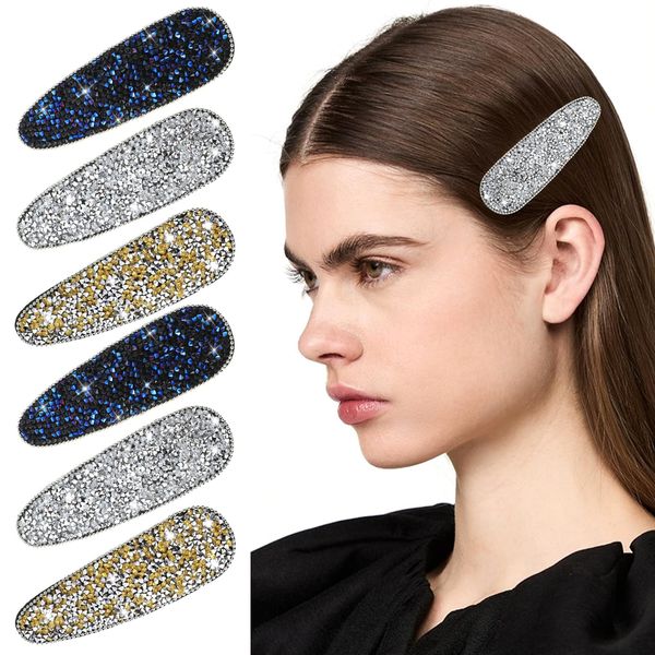 Gjinxi 6PCS Rhinestone Snap Hair Clips, Shining Crystal Hair Barrettes for Women and Girls, Silver/Gold/Blue Bling Hair Pins, Glittering Hair Accessories for Party Wedding Daily Hair Decorative