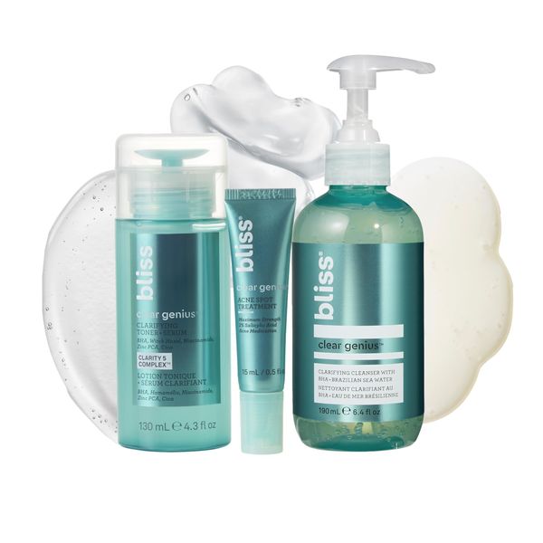 Bliss Clear Genius Trio: Clarifying Toner + Serum, Cleanser and Spot Treatment - Pore Purifying, Removed Excess Dirt & Oils - Clean, Cruelty-Free Skin Care