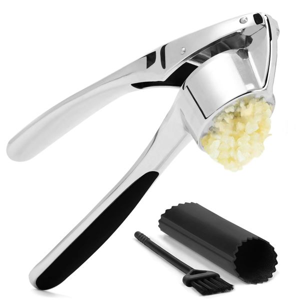 CUNSENR Garlic Press with Silicone Peeler & Brush - Premium Garlic Mincer Tool - Easy to Use & Clean - Durable Garlic Crusher - Rustproof Garlic Smasher - Dishwasher Safe - Press Garlic with Ease